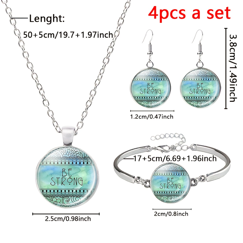 4pcs Glass Inlaid Pattern White Jewelry Set: Necklace, Bracelet, Earrings